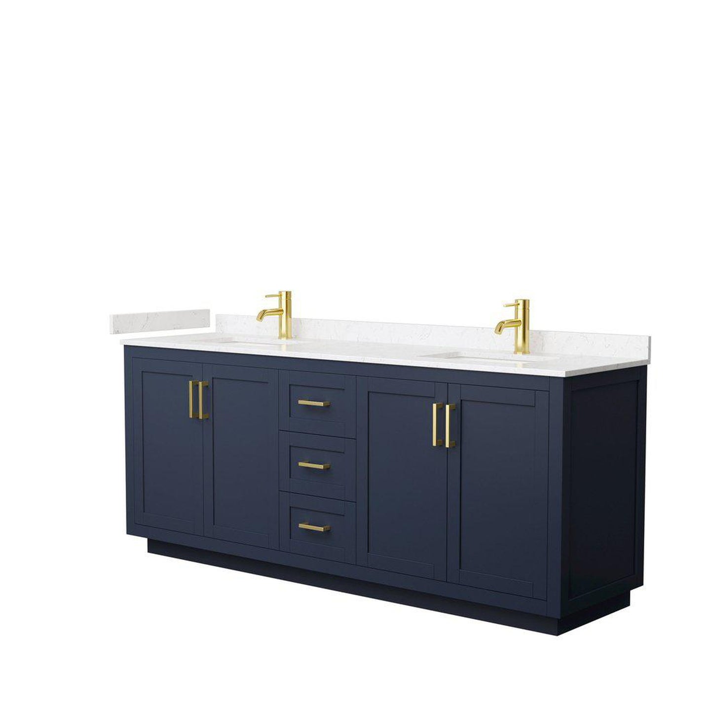 Wyndham Collection Miranda 80" Double Bathroom Dark Blue Vanity Set With Light-Vein Carrara Cultured Marble Countertop, Undermount Square Sink, And Brushed Gold Trim