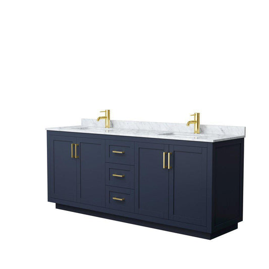 Wyndham Collection Miranda 80" Double Bathroom Dark Blue Vanity Set With White Carrara Marble Countertop, Undermount Square Sink, And Brushed Gold Trim