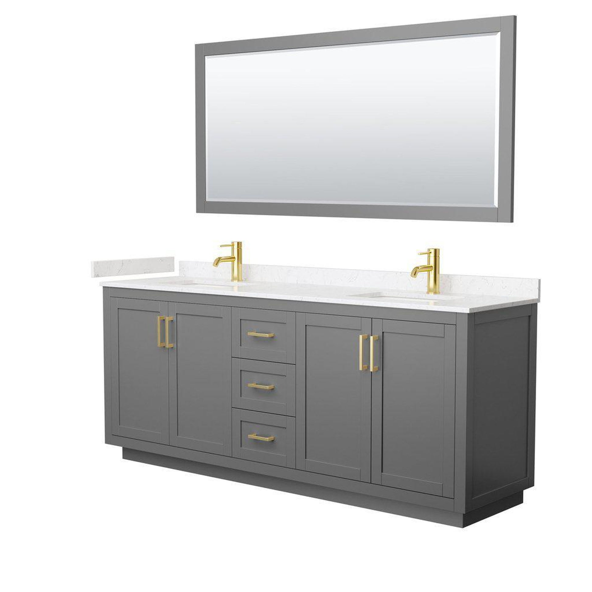 Wyndham Collection Miranda 80" Double Bathroom Dark Gray Vanity Set With Light-Vein Carrara Cultured Marble Countertop, Undermount Square Sink, 70" Mirror And Brushed Gold Trim