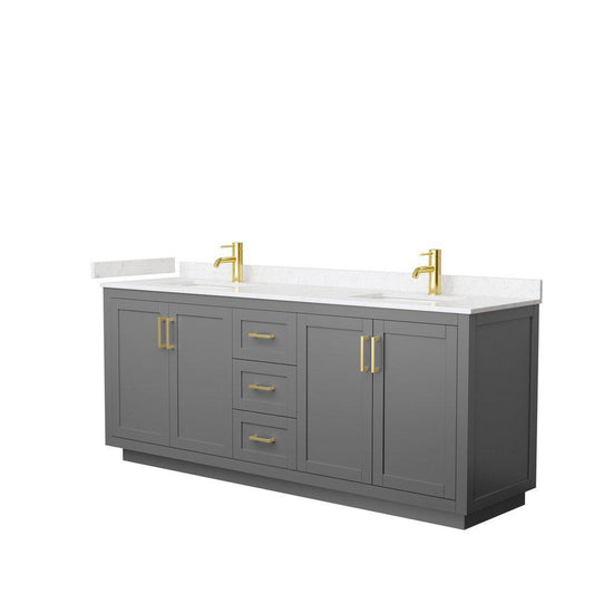 Wyndham Collection Miranda 80" Double Bathroom Dark Gray Vanity Set With Light-Vein Carrara Cultured Marble Countertop, Undermount Square Sink, And Brushed Gold Trim