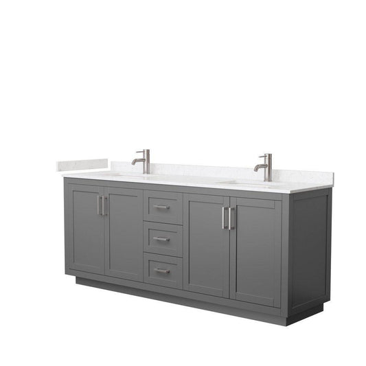 Wyndham Collection Miranda 80" Double Bathroom Dark Gray Vanity Set With Light-Vein Carrara Cultured Marble Countertop, Undermount Square Sink, And Brushed Nickel Trim