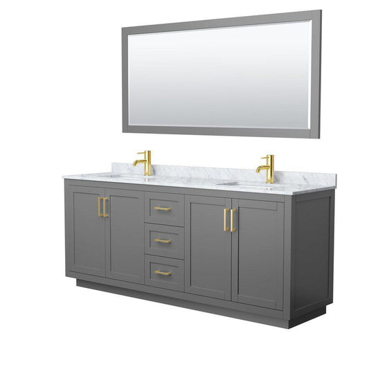 Wyndham Collection Miranda 80" Double Bathroom Dark Gray Vanity Set With White Carrara Marble Countertop, Undermount Square Sink, 70" Mirror And Brushed Gold Trim