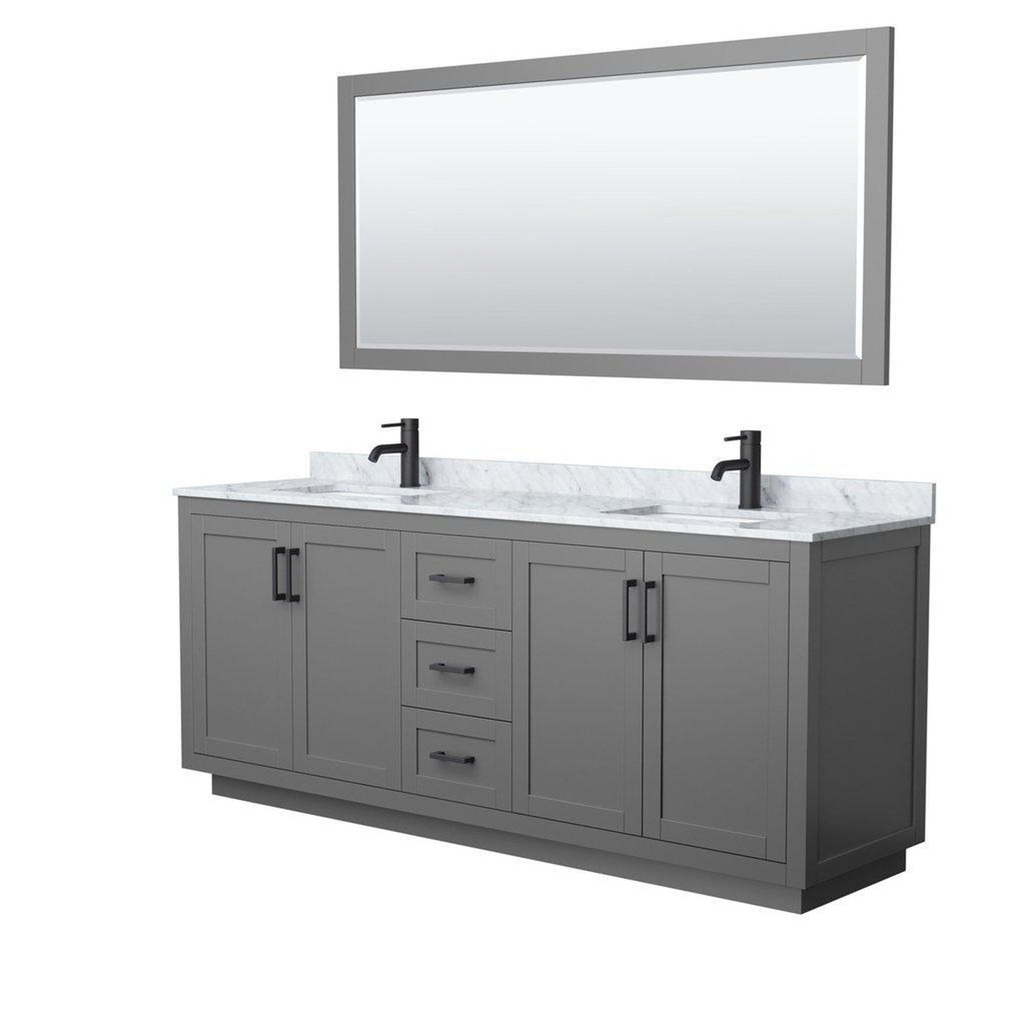 Wyndham Collection Miranda 80" Double Bathroom Dark Gray Vanity Set With White Carrara Marble Countertop, Undermount Square Sink, 70" Mirror And Matte Black Trim