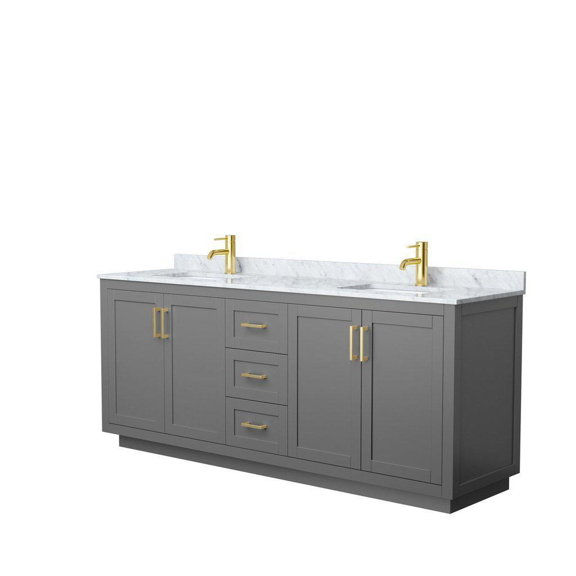 Wyndham Collection Miranda 80" Double Bathroom Dark Gray Vanity Set With White Carrara Marble Countertop, Undermount Square Sink, And Brushed Gold Trim