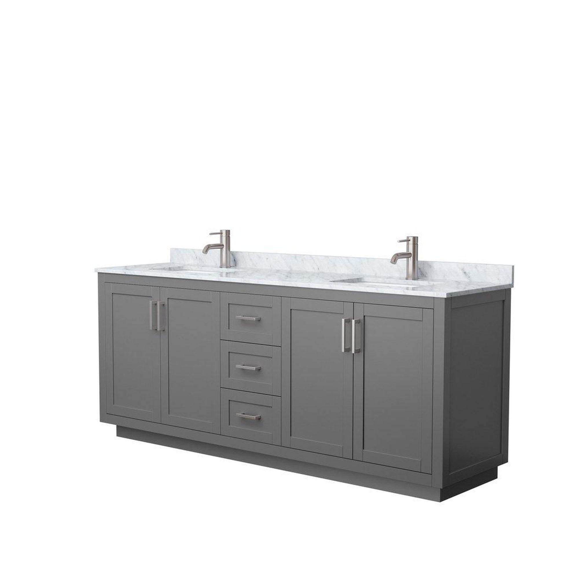 Wyndham Collection Miranda 80" Double Bathroom Dark Gray Vanity Set With White Carrara Marble Countertop, Undermount Square Sink, And Brushed Nickel Trim