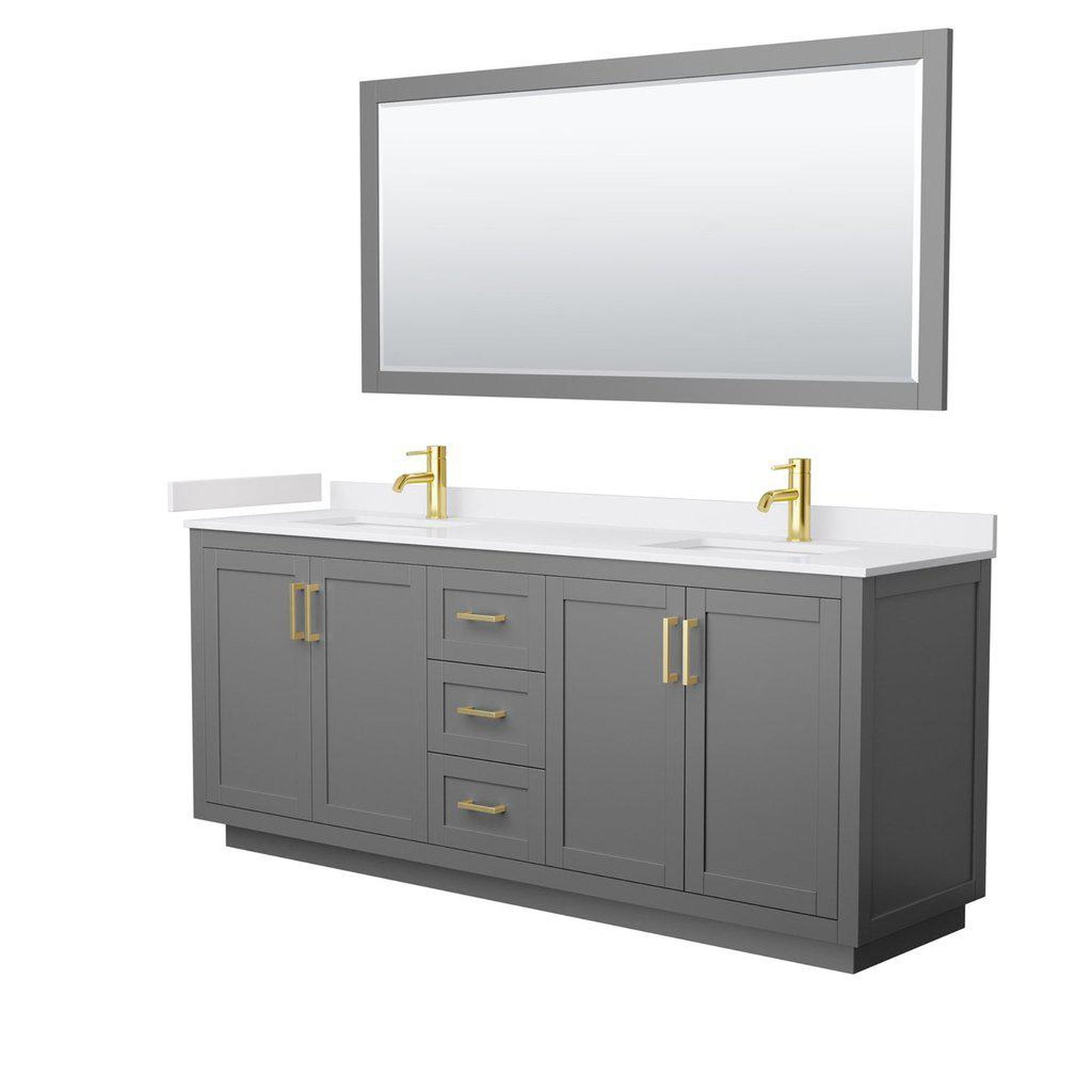 Wyndham Collection Miranda 80" Double Bathroom Dark Gray Vanity Set With White Cultured Marble Countertop, Undermount Square Sink, 70" Mirror And Brushed Gold Trim