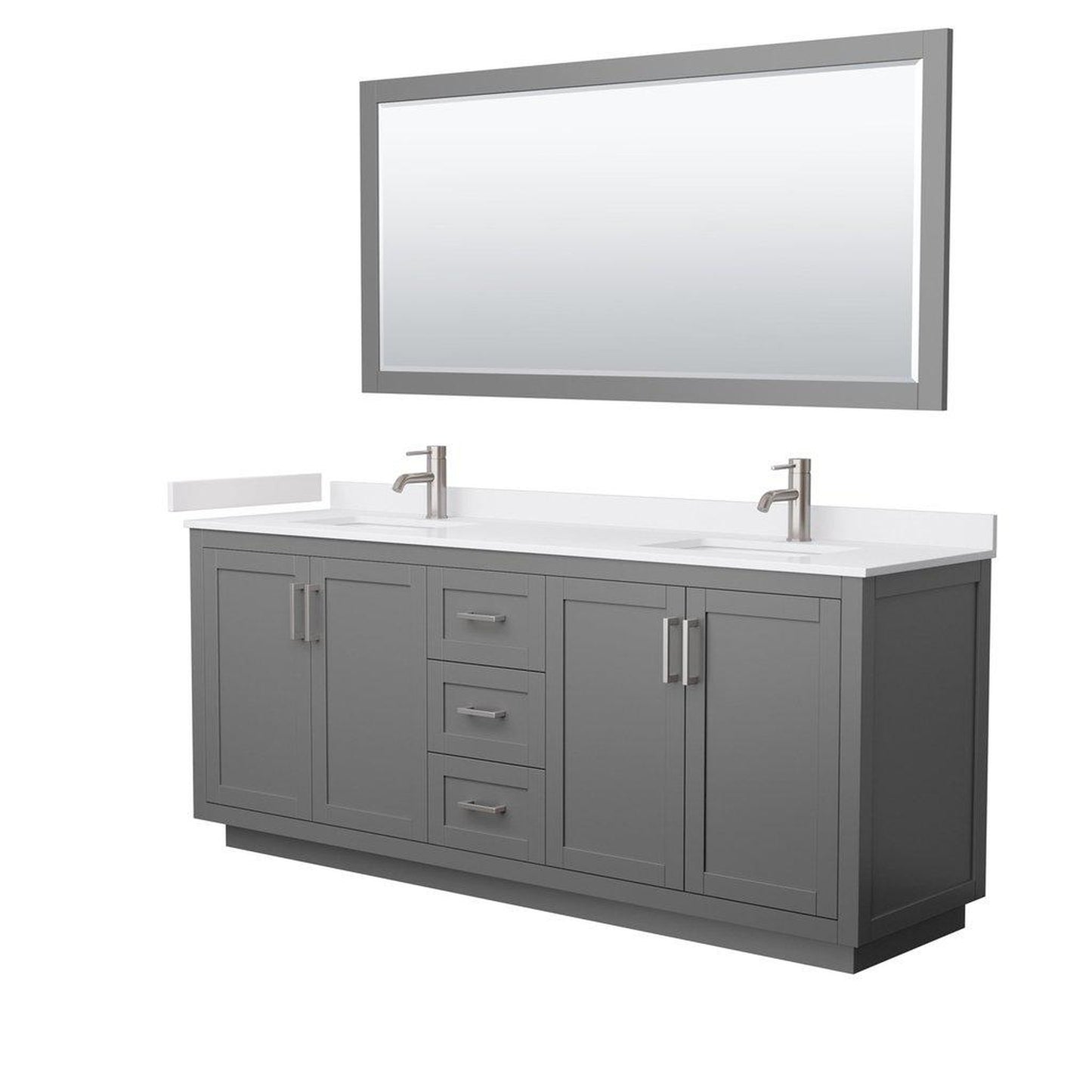 Wyndham Collection Miranda 80" Double Bathroom Dark Gray Vanity Set With White Cultured Marble Countertop, Undermount Square Sink, 70" Mirror And Brushed Nickel Trim