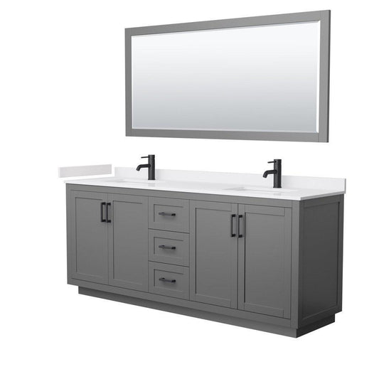 Wyndham Collection Miranda 80" Double Bathroom Dark Gray Vanity Set With White Cultured Marble Countertop, Undermount Square Sink, 70" Mirror And Matte Black Trim