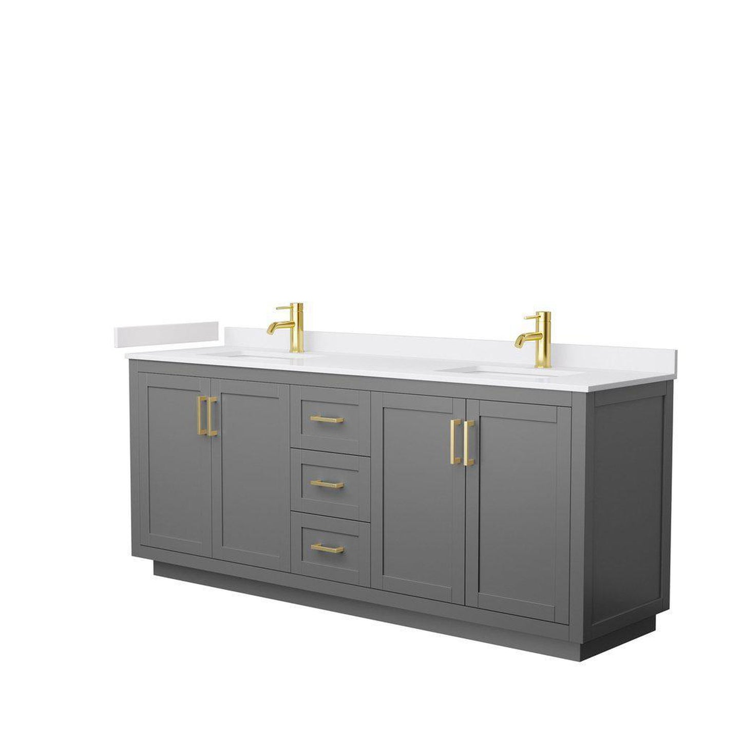 Wyndham Collection Miranda 80" Double Bathroom Dark Gray Vanity Set With White Cultured Marble Countertop, Undermount Square Sink, And Brushed Gold Trim