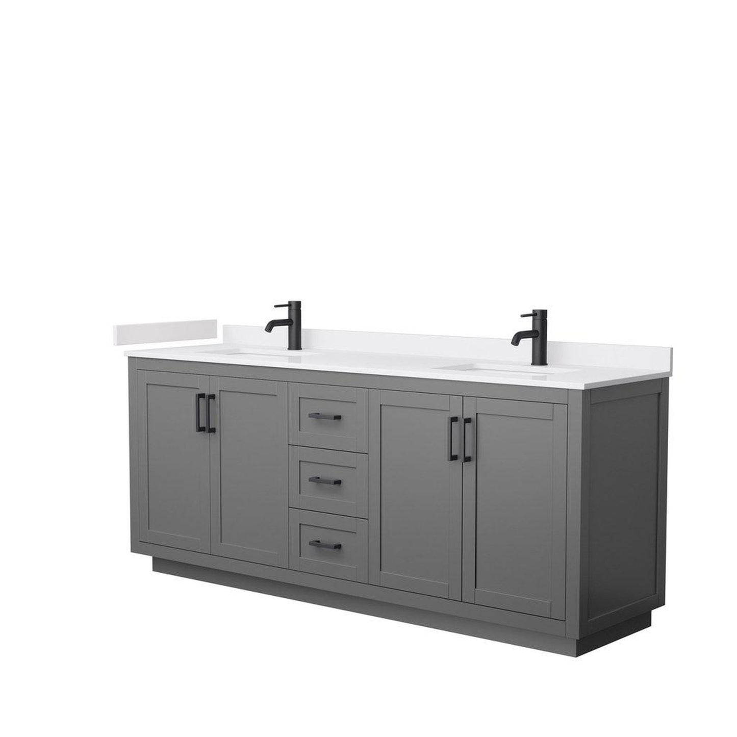 Wyndham Collection Miranda 80" Double Bathroom Dark Gray Vanity Set With White Cultured Marble Countertop, Undermount Square Sink, And Matte Black Trim