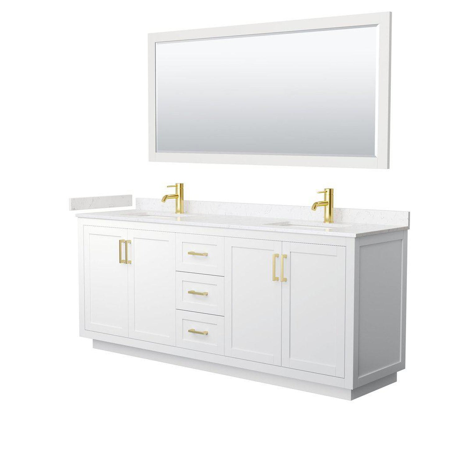 Wyndham Collection Miranda 80" Double Bathroom White Vanity Set With Light-Vein Carrara Cultured Marble Countertop, Undermount Square Sink, 70" Mirror And Brushed Gold Trim