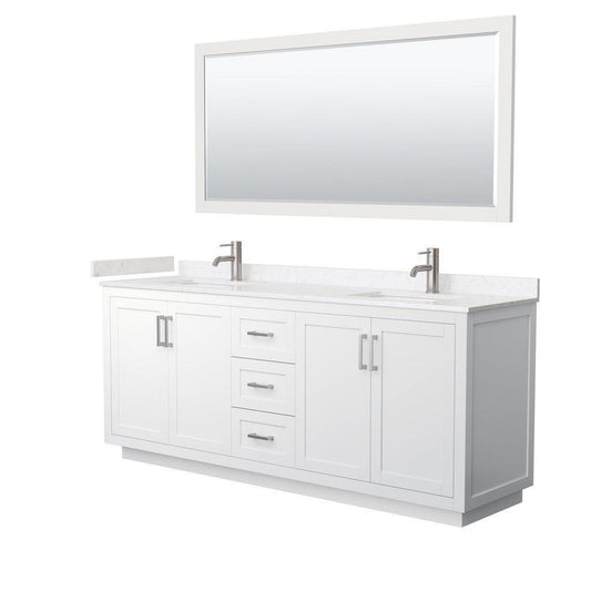 Wyndham Collection Miranda 80" Double Bathroom White Vanity Set With Light-Vein Carrara Cultured Marble Countertop, Undermount Square Sink, 70" Mirror And Brushed Nickel Trim