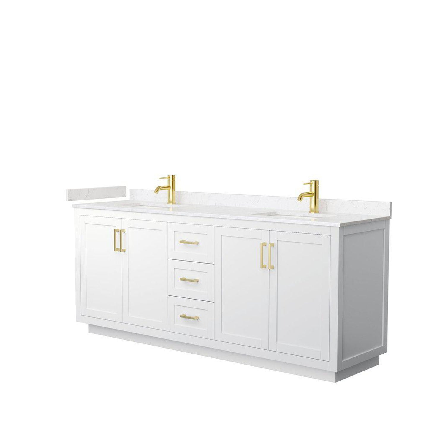 Wyndham Collection Miranda 80" Double Bathroom White Vanity Set With Light-Vein Carrara Cultured Marble Countertop, Undermount Square Sink, And Brushed Gold Trim
