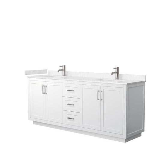 Wyndham Collection Miranda 80" Double Bathroom White Vanity Set With Light-Vein Carrara Cultured Marble Countertop, Undermount Square Sink, And Brushed Nickel Trim