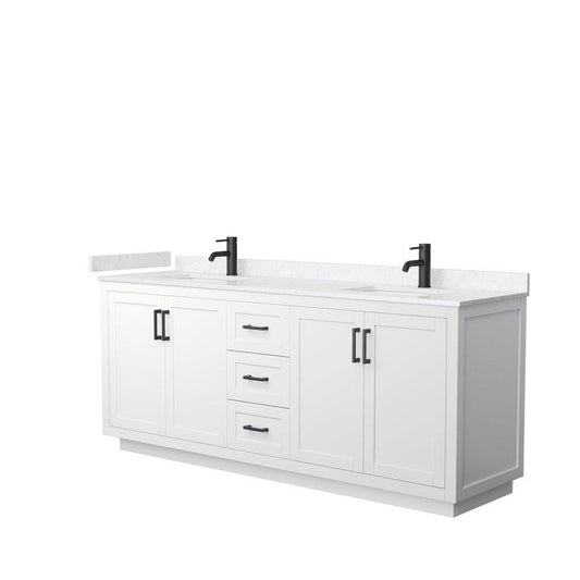 Wyndham Collection Miranda 80" Double Bathroom White Vanity Set With Light-Vein Carrara Cultured Marble Countertop, Undermount Square Sink, And Matte Black Trim