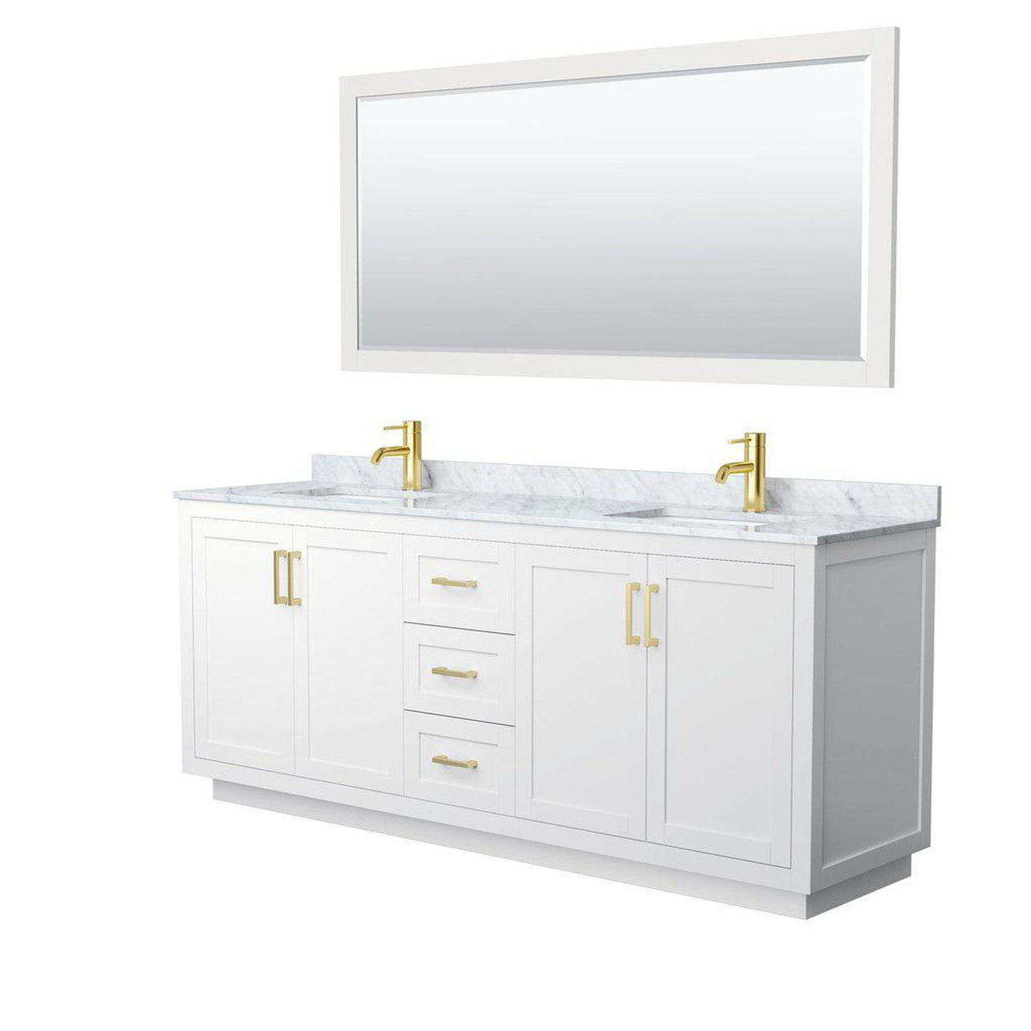 Wyndham Collection Miranda 80" Double Bathroom White Vanity Set With White Carrara Marble Countertop, Undermount Square Sink, 70" Mirror And Brushed Gold Trim