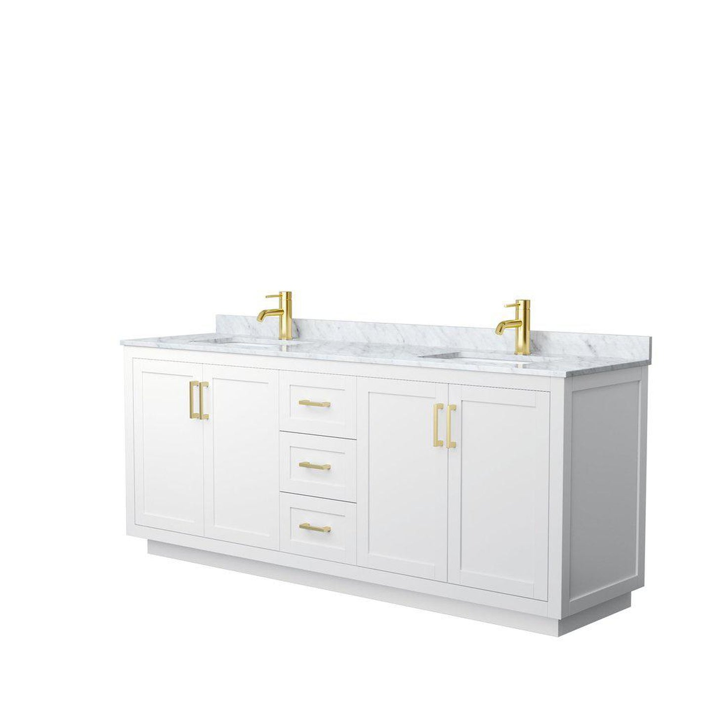 Wyndham Collection Miranda 80" Double Bathroom White Vanity Set With White Carrara Marble Countertop, Undermount Square Sink, And Brushed Gold Trim
