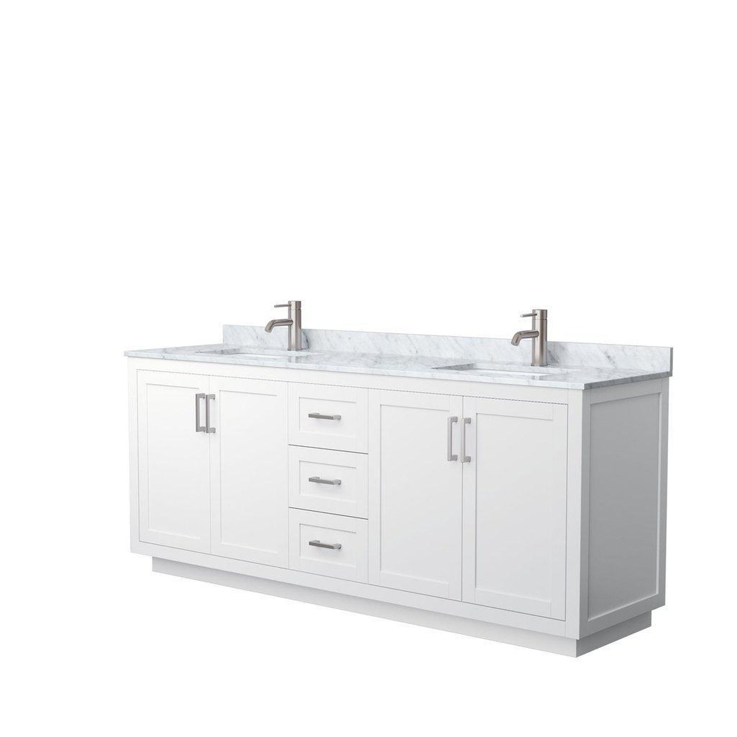 Wyndham Collection Miranda 80" Double Bathroom White Vanity Set With White Carrara Marble Countertop, Undermount Square Sink, And Brushed Nickel Trim