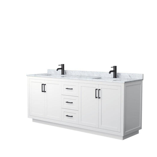 Wyndham Collection Miranda 80" Double Bathroom White Vanity Set With White Carrara Marble Countertop, Undermount Square Sink, And Matte Black Trim