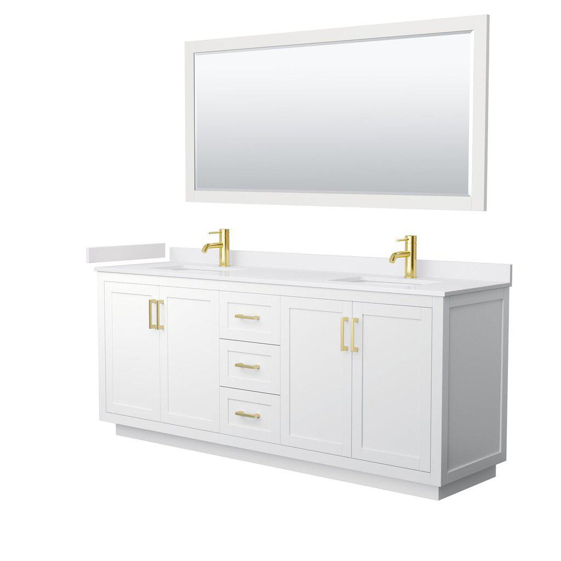 Wyndham Collection Miranda 80" Double Bathroom White Vanity Set With White Cultured Marble Countertop, Undermount Square Sink, 70" Mirror And Brushed Gold Trim