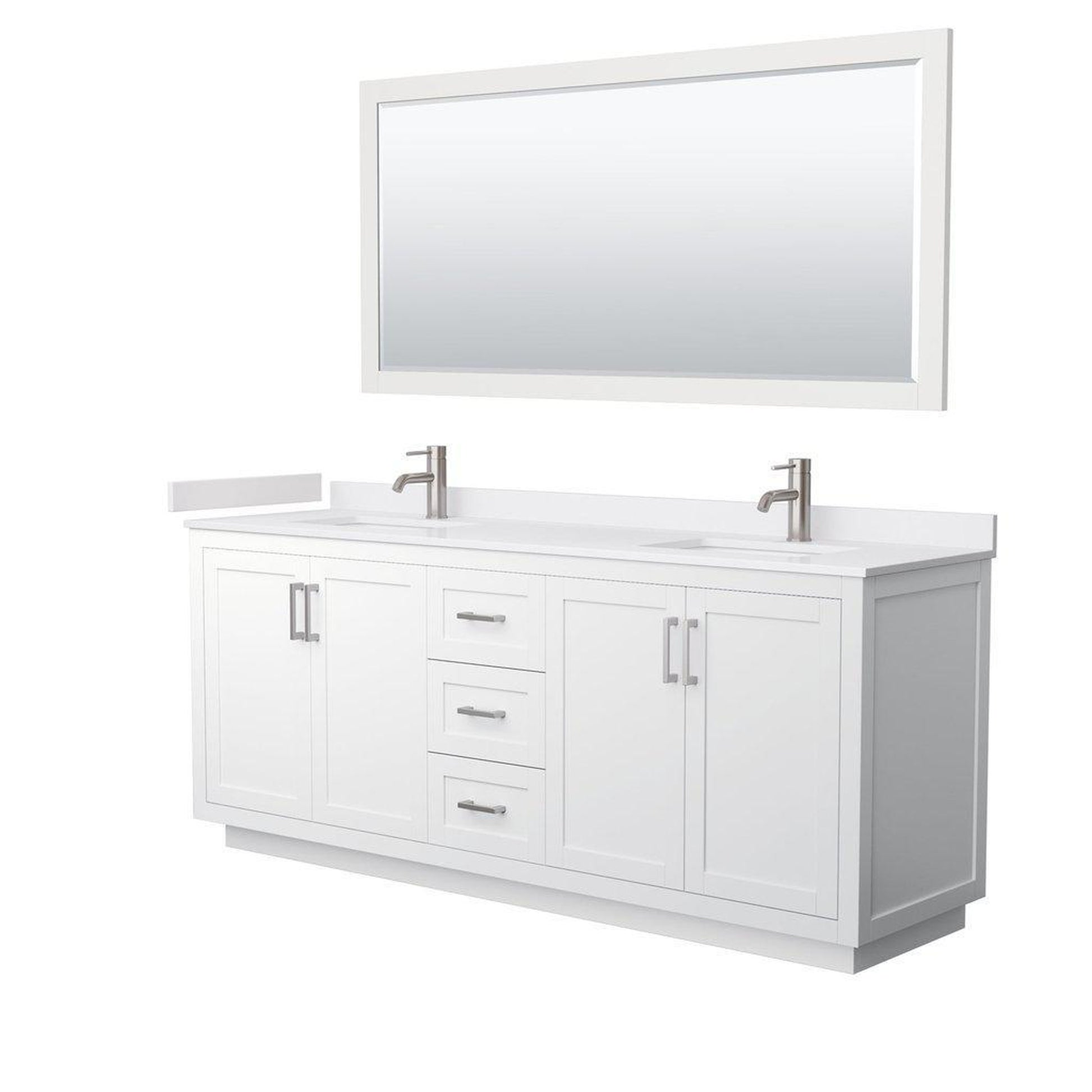 Wyndham Collection Miranda 80" Double Bathroom White Vanity Set With White Cultured Marble Countertop, Undermount Square Sink, 70" Mirror And Brushed Nickel Trim