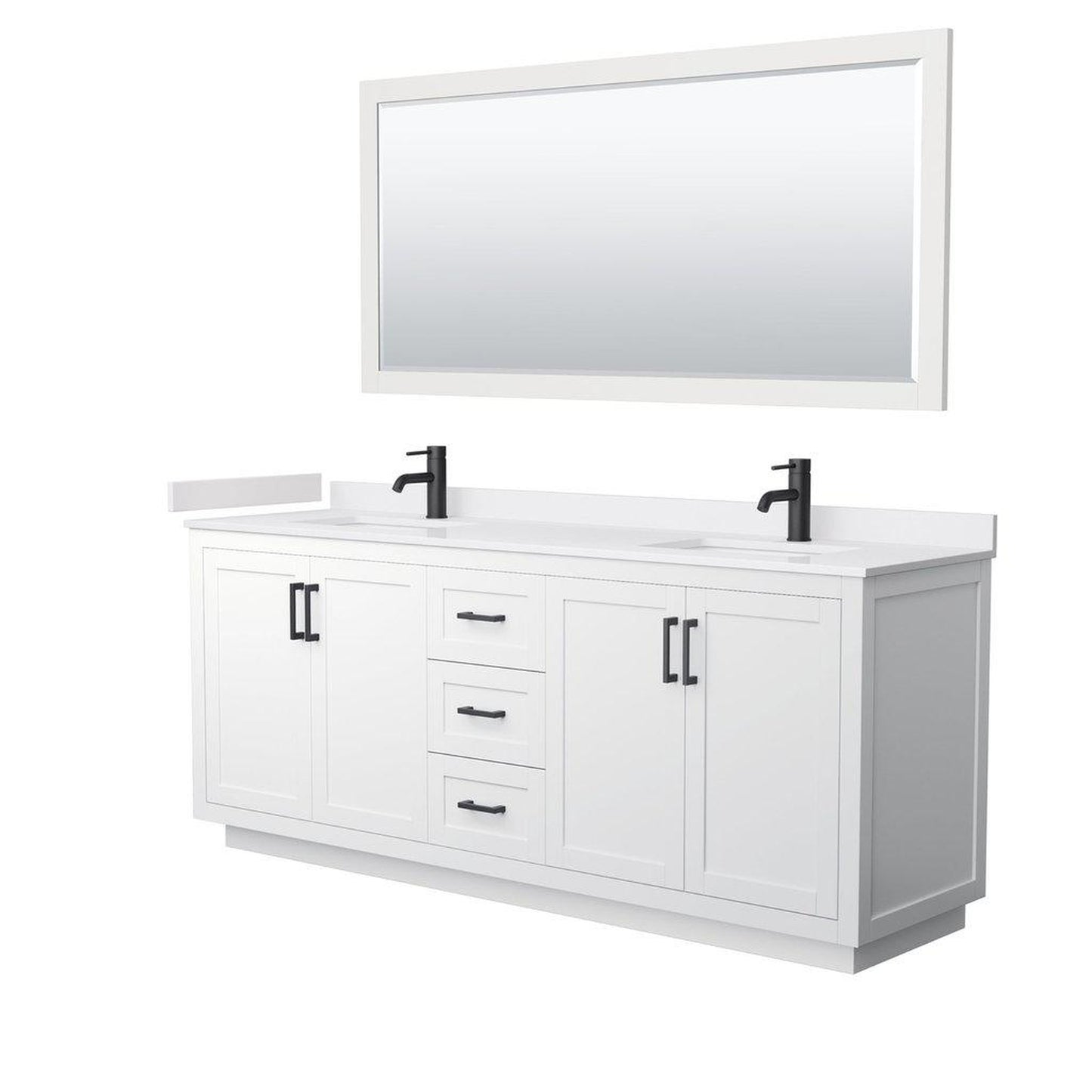 Wyndham Collection Miranda 80" Double Bathroom White Vanity Set With White Cultured Marble Countertop, Undermount Square Sink, 70" Mirror And Matte Black Trim