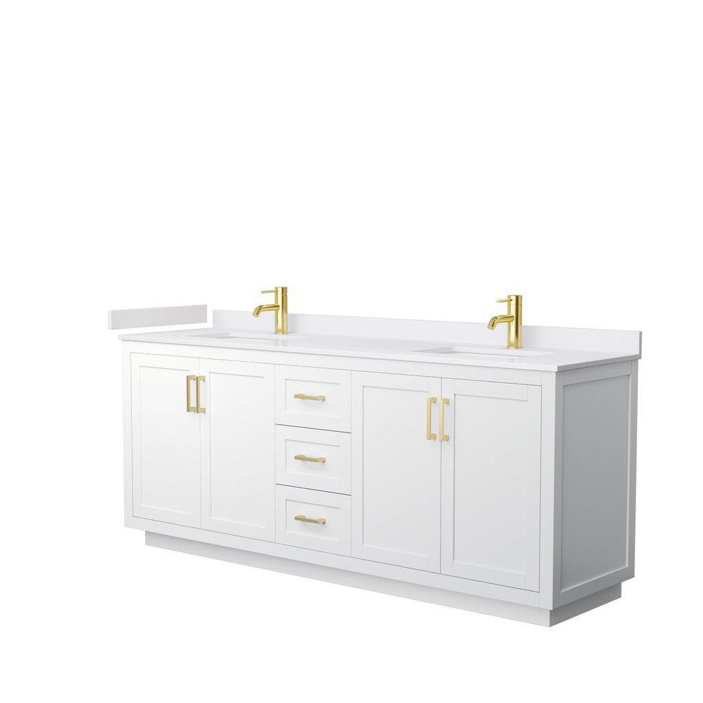 Wyndham Collection Miranda 80" Double Bathroom White Vanity Set With White Cultured Marble Countertop, Undermount Square Sink, And Brushed Gold Trim