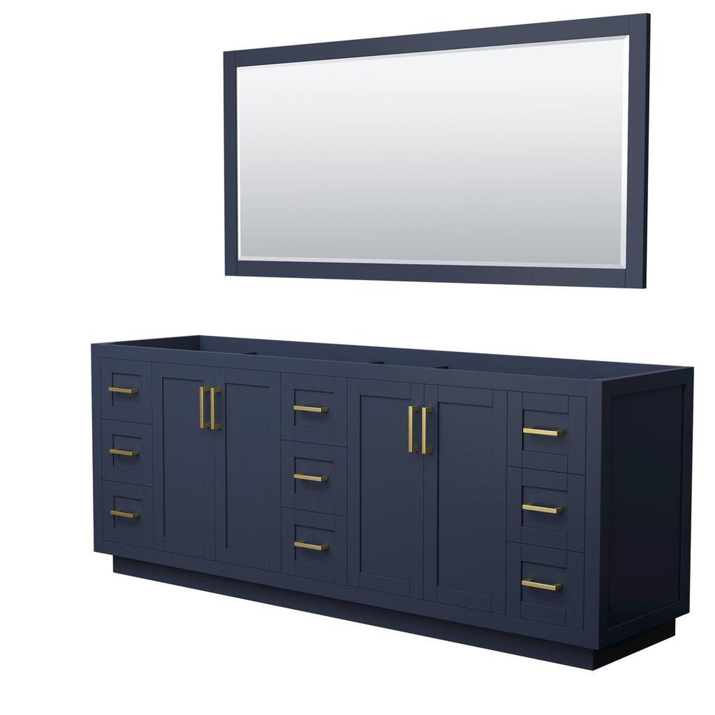 Wyndham Collection Miranda 84" Double Bathroom Dark Blue Vanity Set With 70" Mirror And Brushed Gold Trim