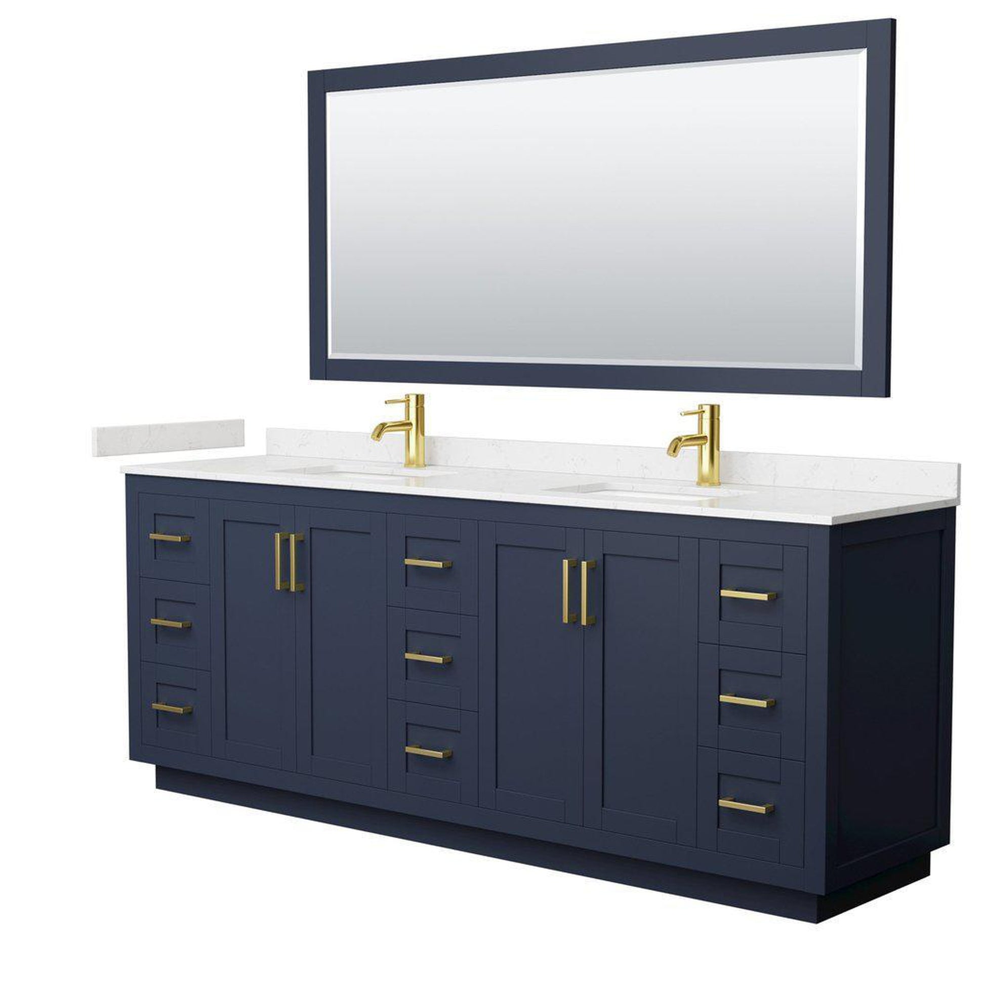 Wyndham Collection Miranda 84" Double Bathroom Dark Blue Vanity Set With Light-Vein Carrara Cultured Marble Countertop, Undermount Square Sink, 70" Mirror And Brushed Gold Trim