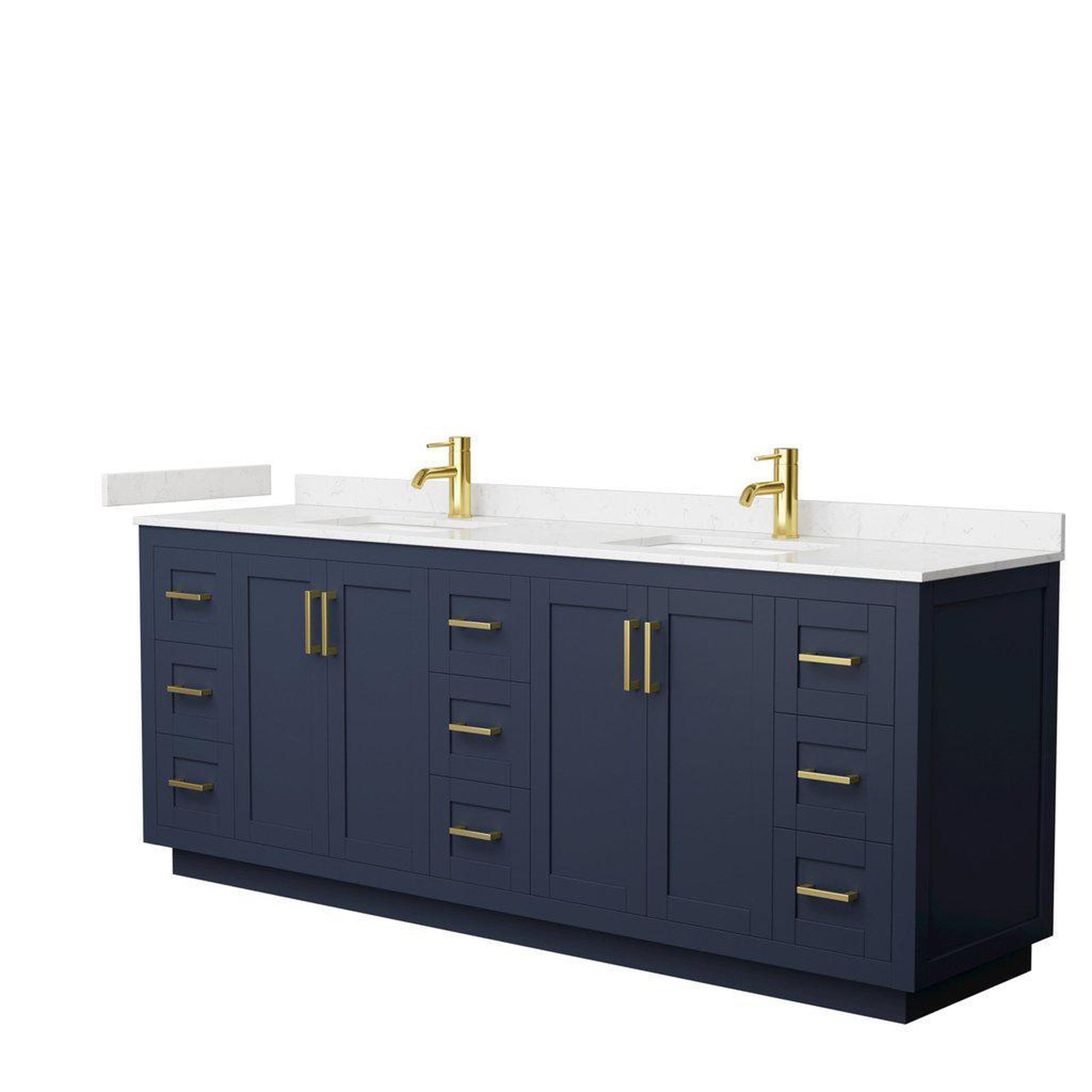 Wyndham Collection Miranda 84" Double Bathroom Dark Blue Vanity Set With Light-Vein Carrara Cultured Marble Countertop, Undermount Square Sink, And Brushed Gold Trim