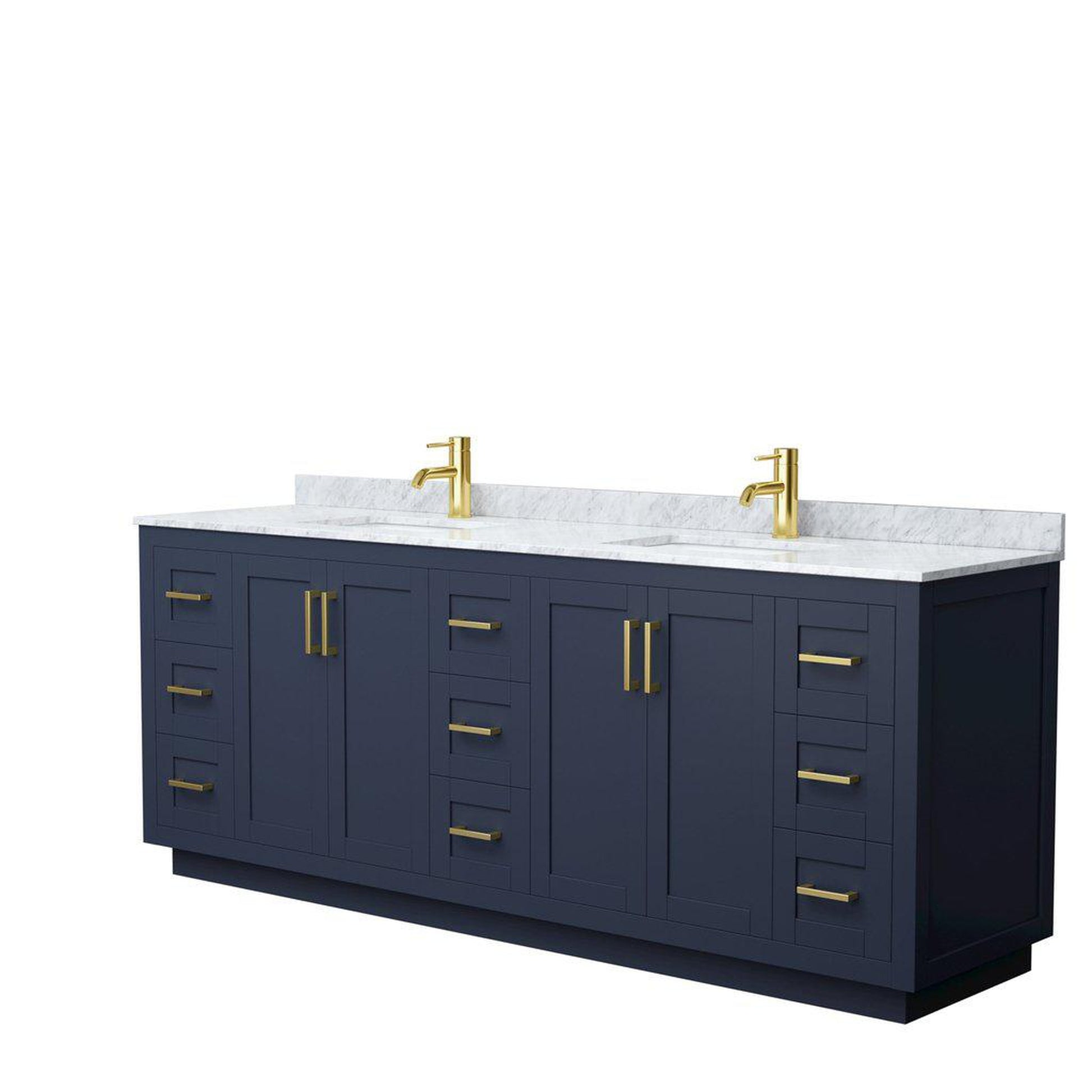 Wyndham Collection Miranda 84" Double Bathroom Dark Blue Vanity Set With White Carrara Marble Countertop, Undermount Square Sink, And Brushed Gold Trim