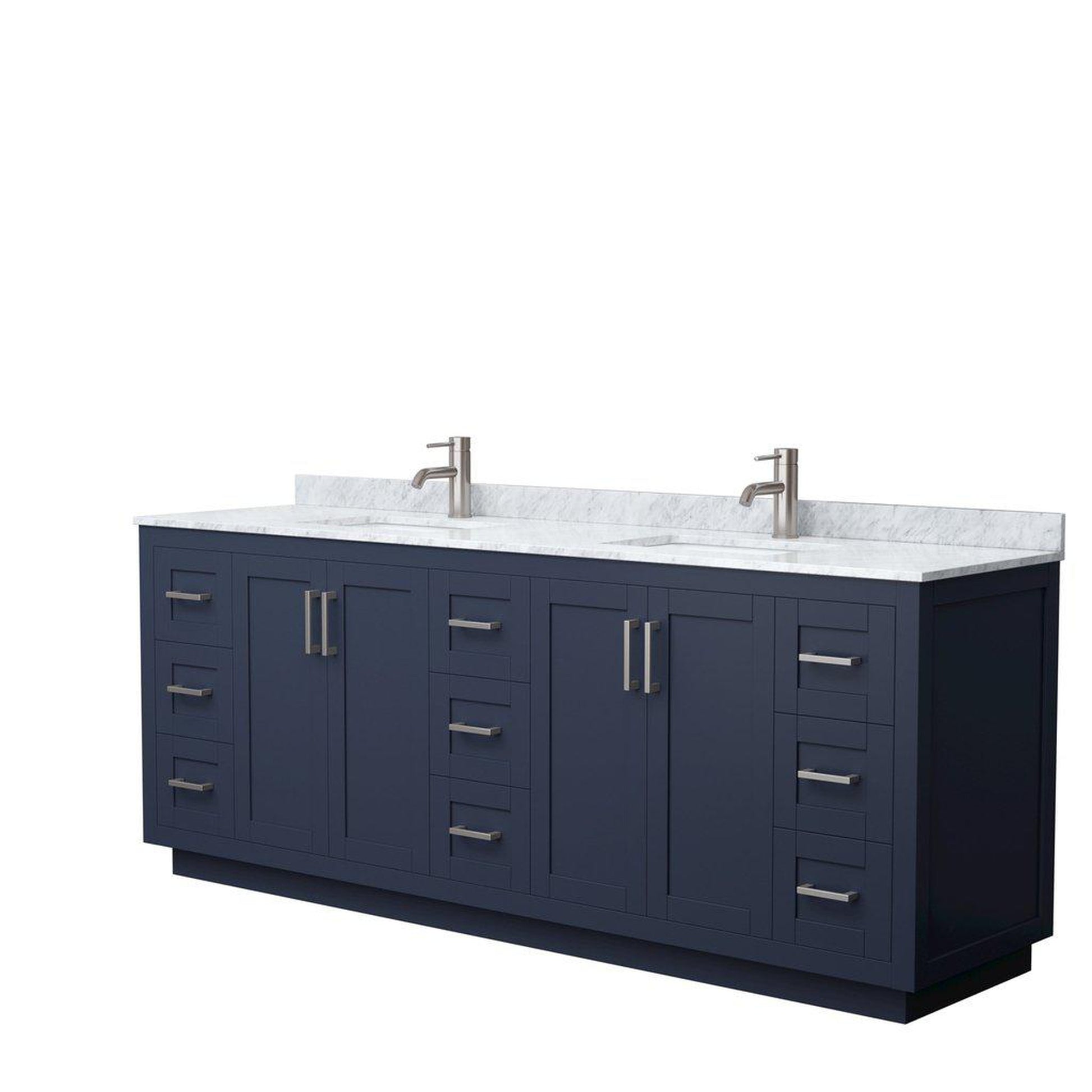 Wyndham Collection Miranda 84" Double Bathroom Dark Blue Vanity Set With White Carrara Marble Countertop, Undermount Square Sink, And Brushed Nickel Trim