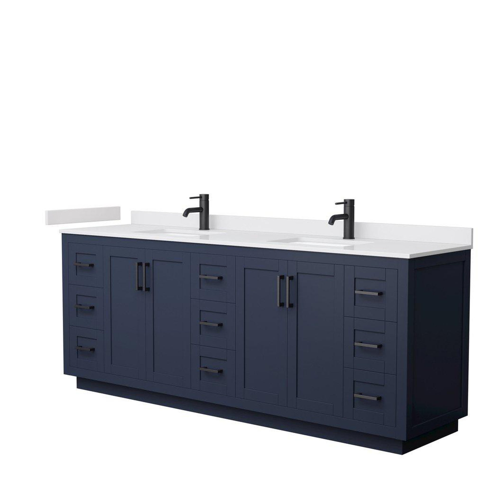 Wyndham Collection Miranda 84" Double Bathroom Dark Blue Vanity Set With White Cultured Marble Countertop, Undermount Square Sink, And Matte Black Trim