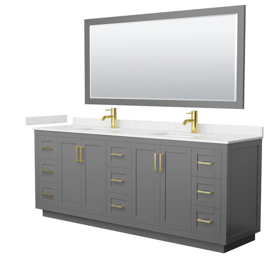 Wyndham Collection Miranda 84" Double Bathroom Dark Gray Vanity Set With Light-Vein Carrara Cultured Marble Countertop, Undermount Square Sink, 70" Mirror And Brushed Gold Trim