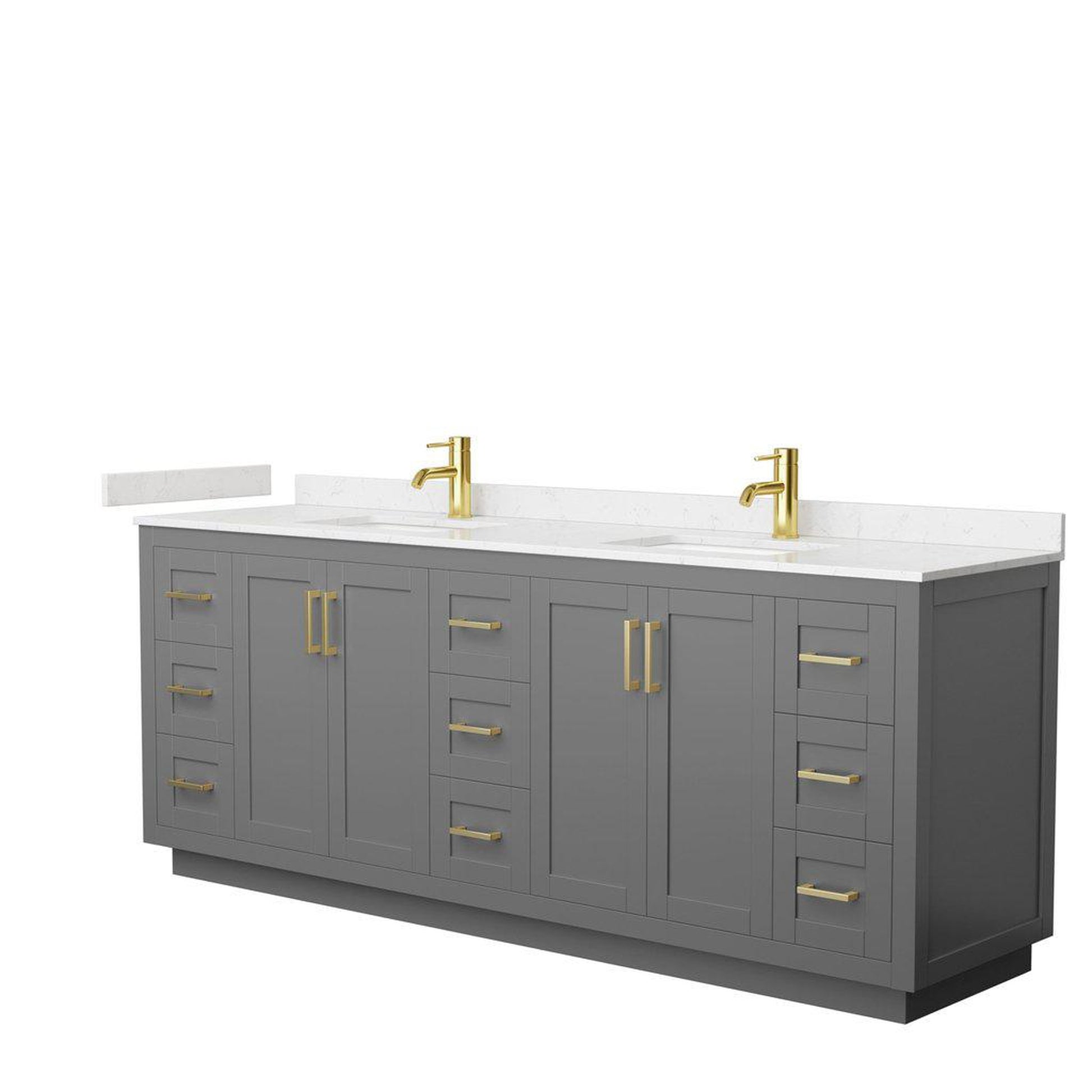 Wyndham Collection Miranda 84" Double Bathroom Dark Gray Vanity Set With Light-Vein Carrara Cultured Marble Countertop, Undermount Square Sink, And Brushed Gold Trim