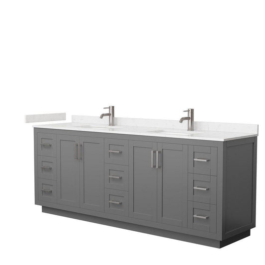 Wyndham Collection Miranda 84" Double Bathroom Dark Gray Vanity Set With Light-Vein Carrara Cultured Marble Countertop, Undermount Square Sink, And Brushed Nickel Trim