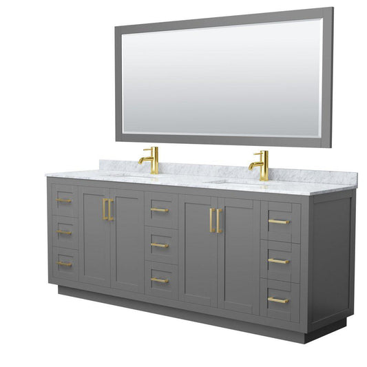 Wyndham Collection Miranda 84" Double Bathroom Dark Gray Vanity Set With White Carrara Marble Countertop, Undermount Square Sink, 70" Mirror And Brushed Gold Trim
