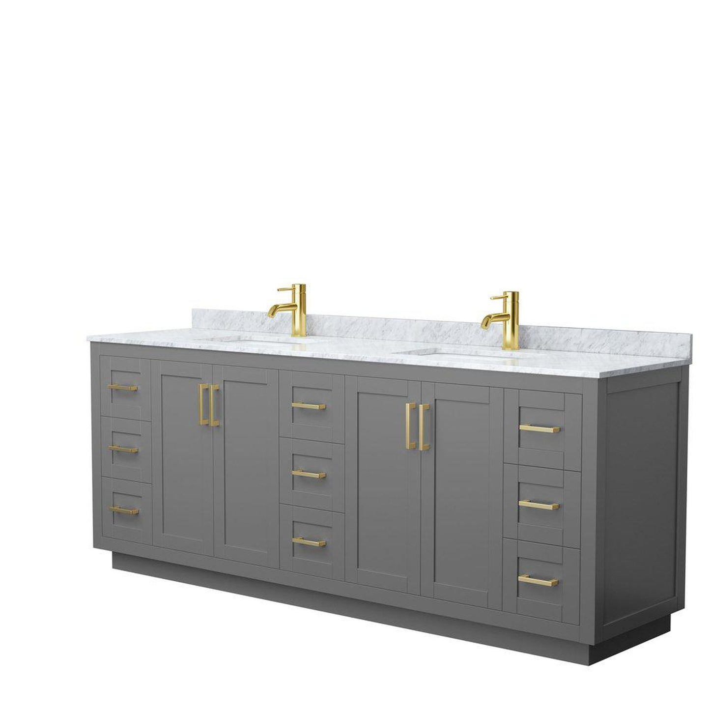 Wyndham Collection Miranda 84" Double Bathroom Dark Gray Vanity Set With White Carrara Marble Countertop, Undermount Square Sink, And Brushed Gold Trim