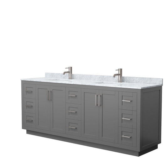 Wyndham Collection Miranda 84" Double Bathroom Dark Gray Vanity Set With White Carrara Marble Countertop, Undermount Square Sink, And Brushed Nickel Trim