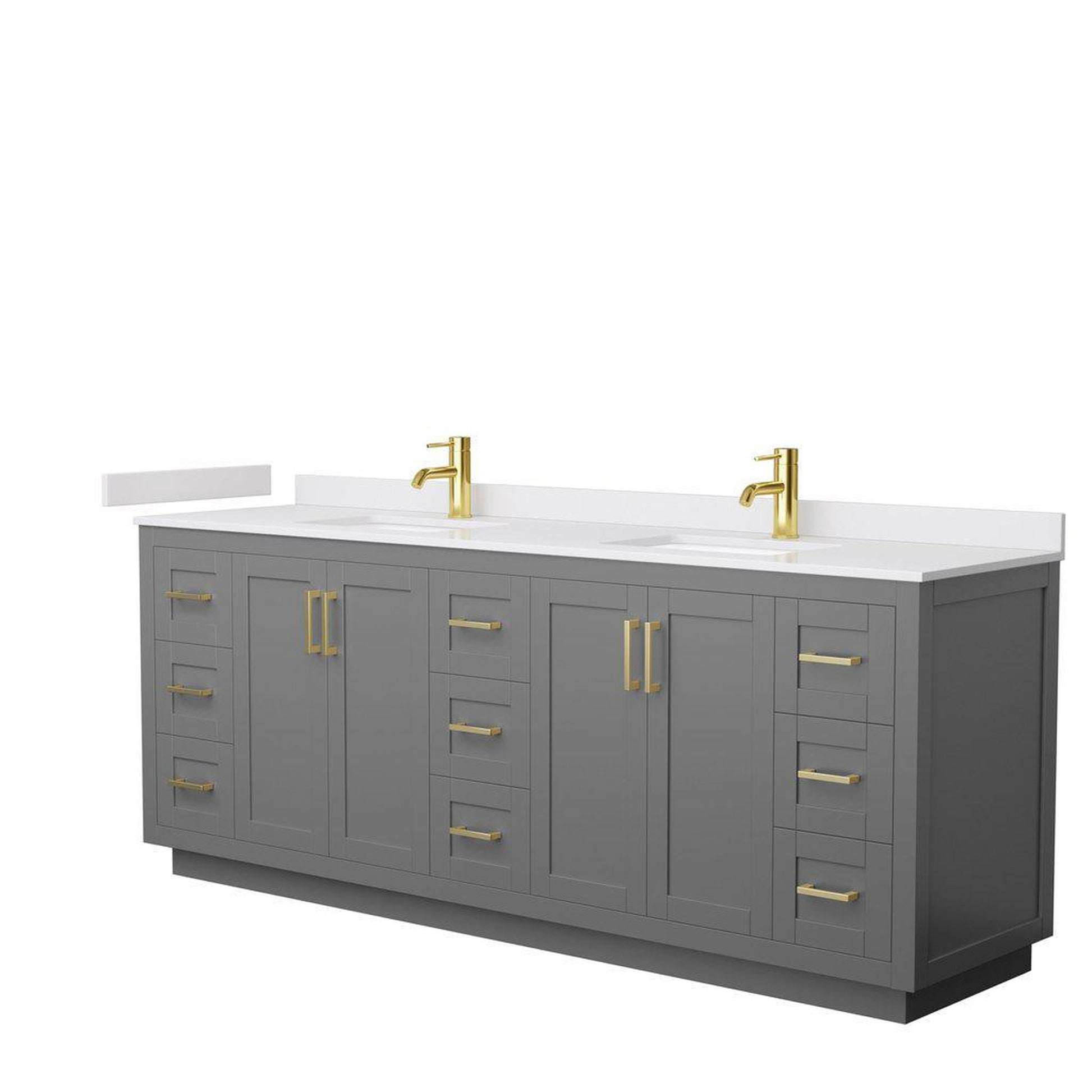 Wyndham Collection Miranda 84" Double Bathroom Dark Gray Vanity Set With White Cultured Marble Countertop, Undermount Square Sink, And Brushed Gold Trim