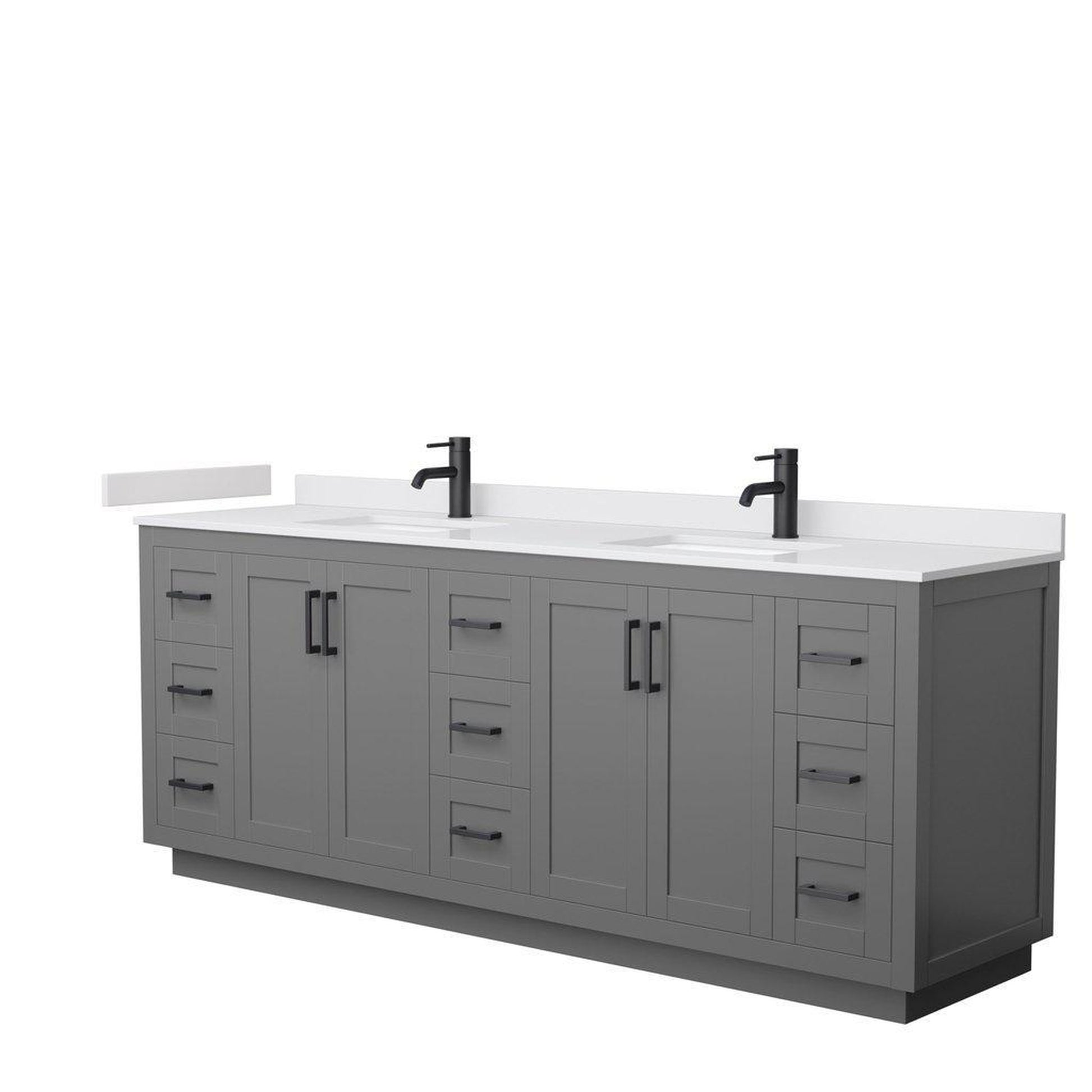 Wyndham Collection Miranda 84" Double Bathroom Dark Gray Vanity Set With White Cultured Marble Countertop, Undermount Square Sink, And Matte Black Trim