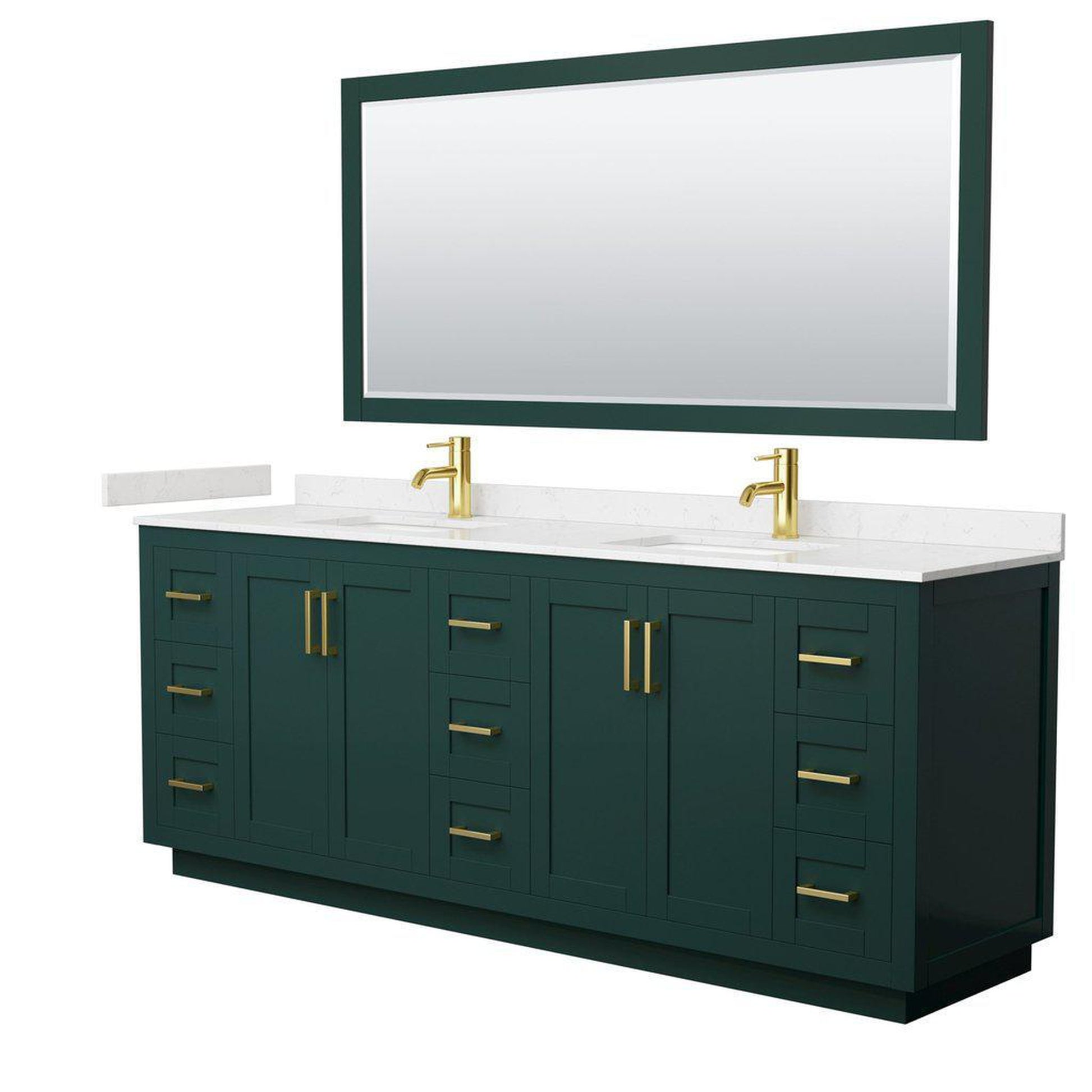 Wyndham Collection Miranda 84" Double Bathroom Green Vanity Set With Light-Vein Carrara Cultured Marble Countertop, Undermount Square Sink, 70" Mirror And Brushed Gold Trim