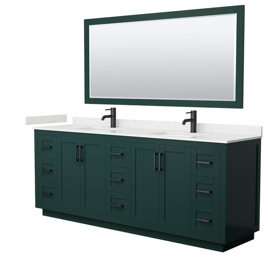 Wyndham Collection Miranda 84" Double Bathroom Green Vanity Set With Light-Vein Carrara Cultured Marble Countertop, Undermount Square Sink, 70" Mirror And Matte Black Trim