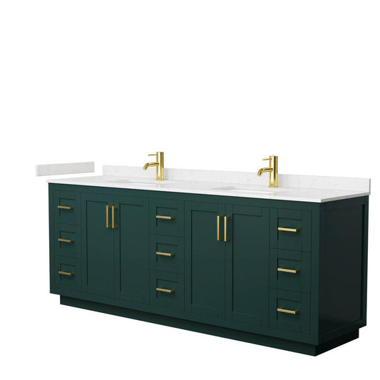 Wyndham Collection Miranda 84" Double Bathroom Green Vanity Set With Light-Vein Carrara Cultured Marble Countertop, Undermount Square Sink, And Brushed Gold Trim
