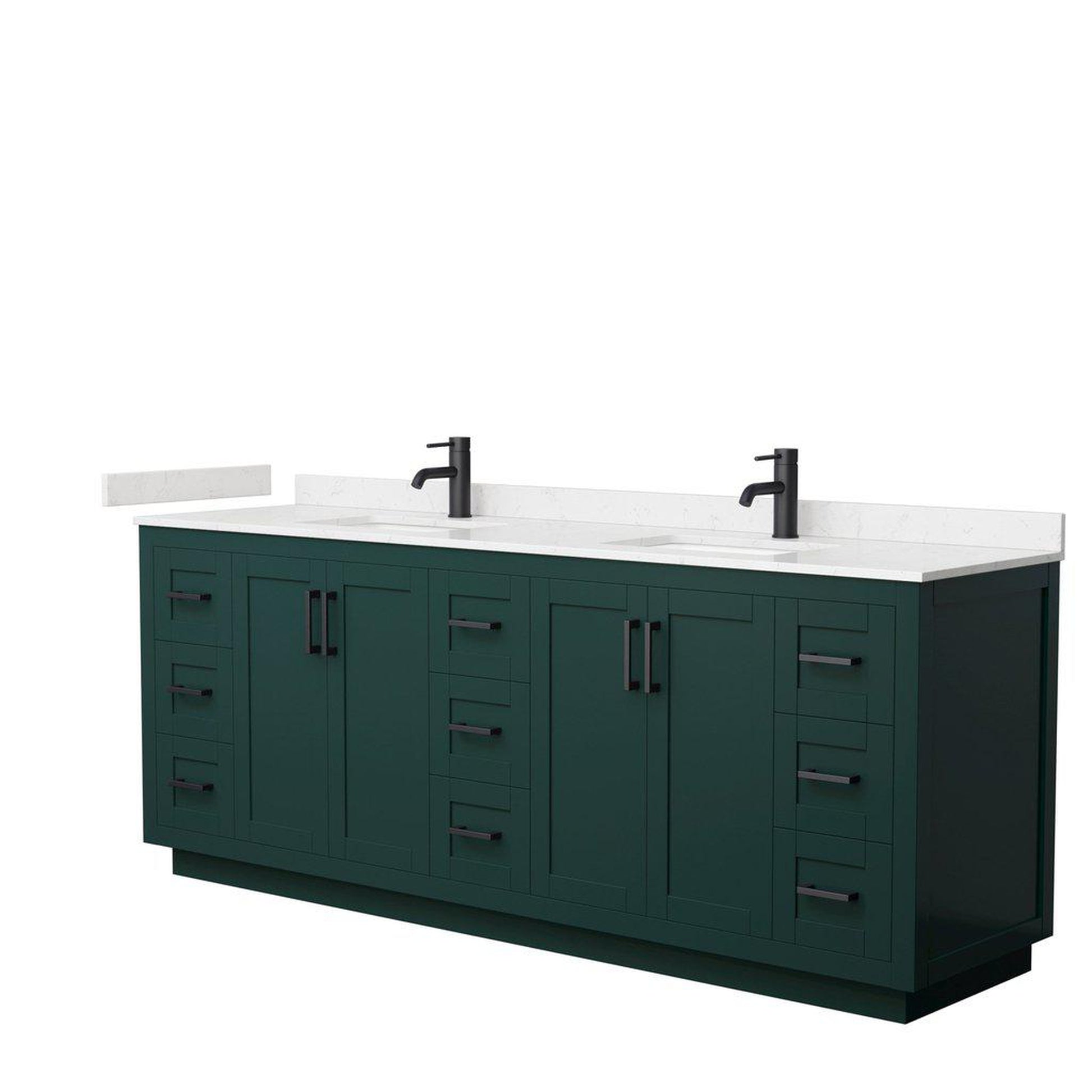 Wyndham Collection Miranda 84" Double Bathroom Green Vanity Set With Light-Vein Carrara Cultured Marble Countertop, Undermount Square Sink, And Matte Black Trim