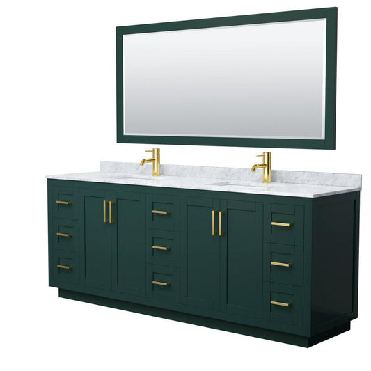 Wyndham Collection Miranda 84" Double Bathroom Green Vanity Set With White Carrara Marble Countertop, Undermount Square Sink, 70" Mirror And Brushed Gold Trim