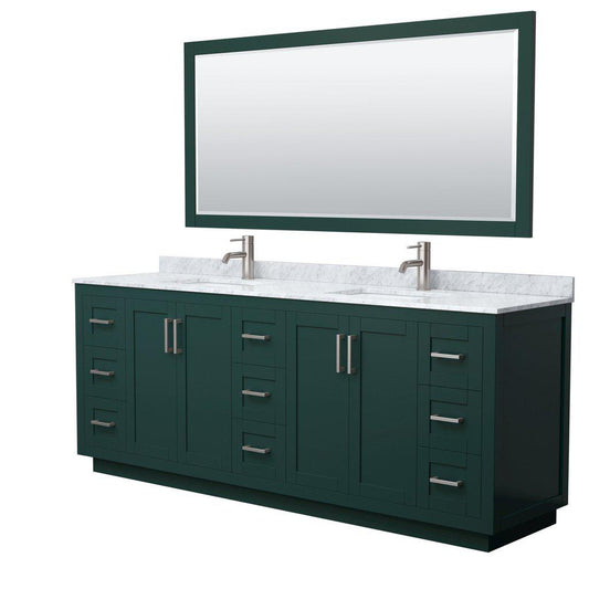 Wyndham Collection Miranda 84" Double Bathroom Green Vanity Set With White Carrara Marble Countertop, Undermount Square Sink, 70" Mirror And Brushed Nickel Trim