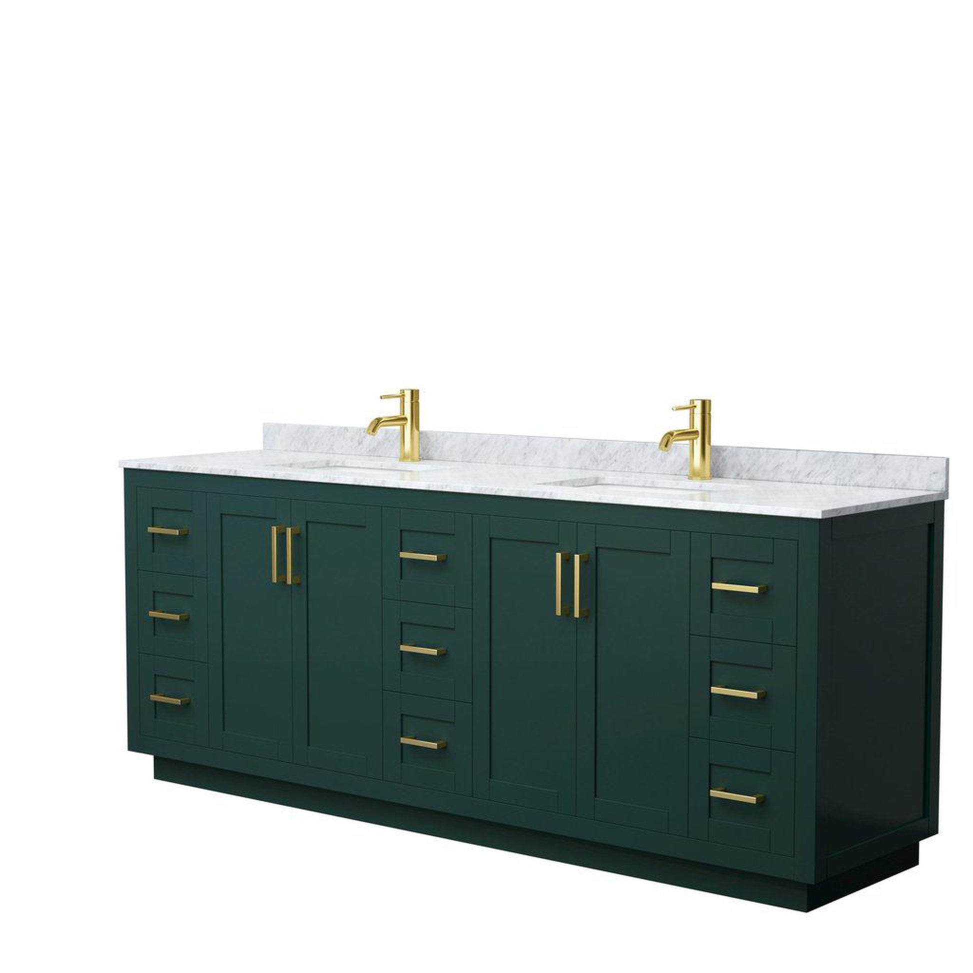 Wyndham Collection Miranda 84" Double Bathroom Green Vanity Set With White Carrara Marble Countertop, Undermount Square Sink, And Brushed Gold Trim