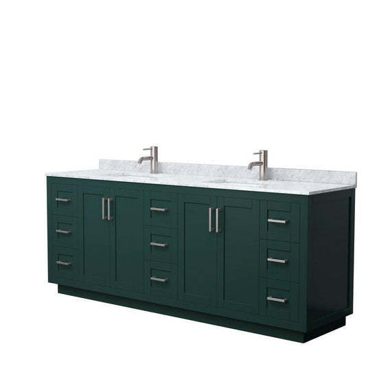 Wyndham Collection Miranda 84" Double Bathroom Green Vanity Set With White Carrara Marble Countertop, Undermount Square Sink, And Brushed Nickel Trim