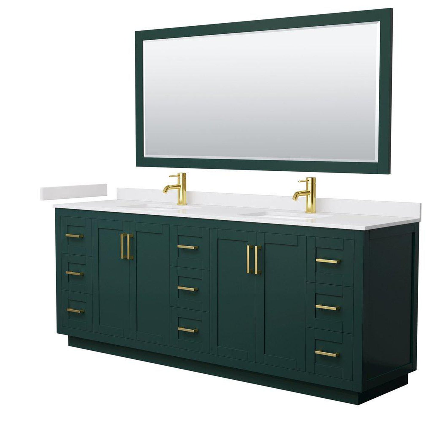 Wyndham Collection Miranda 84" Double Bathroom Green Vanity Set With White Cultured Marble Countertop, Undermount Square Sink, 70" Mirror And Brushed Gold Trim
